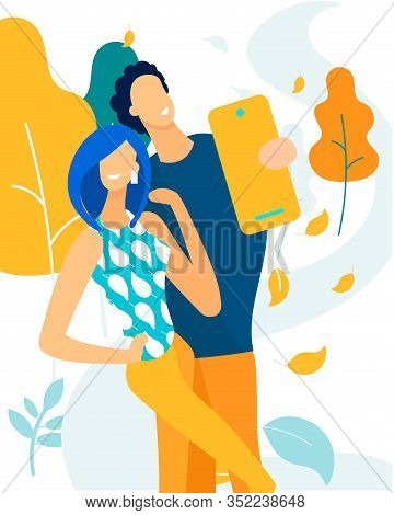 Advertising Banner Husband And Wife Take Selfie. Relationship Couple In Love Seems Light And Airy. G