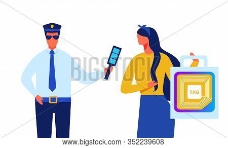 Policeman Identify Lady With Rfid Tag Transponder Illustration. Radio Frequency Identification Chip.