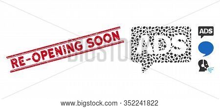 Grunge Red Stamp Watermark With Re-opening Soon Caption Inside Double Parallel Lines, And Mosaic Adv