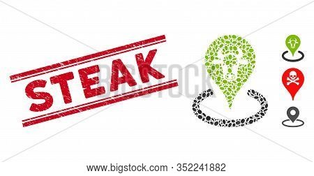 Rubber Red Stamp Seal With Steak Phrase Between Double Parallel Lines, And Mosaic Cattle Location Ic
