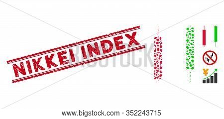 Grunge Red Stamp Watermark With Nikkei Index Caption Inside Double Parallel Lines, And Mosaic Candle