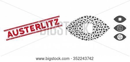 Grunge Red Stamp Seal With Austerlitz Phrase Between Double Parallel Lines, And Mosaic Chip Eye Reti