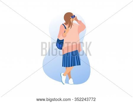 Stylish Woman With Glasses On White Background. Exhibition Center. Vector Illustration. Walk Through