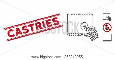 Rubber Red Stamp Watermark With Castries Caption Between Double Parallel Lines, And Collage Hand Tou