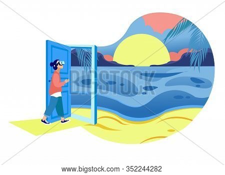 Girl In Glasses Virtual Reality Enters. Room With Abstraction On Wall. Exhibition Center. Vector Ill