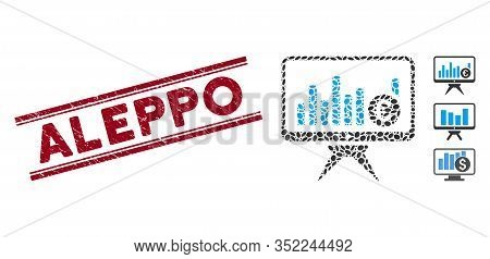Distressed Red Stamp Seal With Aleppo Caption Inside Double Parallel Lines, And Mosaic Bar Chart Mon