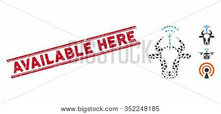Distressed Red Stamp Seal With Available Here Caption Inside Double Parallel Lines, And Mosaic Cow R