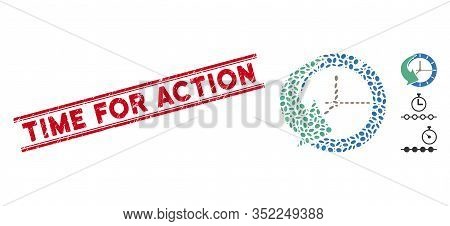 Rubber Red Stamp Seal With Time For Action Phrase Inside Double Parallel Lines, And Mosaic History I