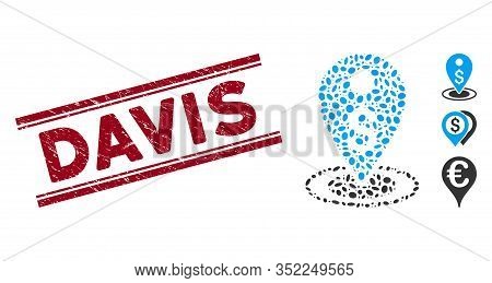 Corroded Red Stamp Seal With Davis Caption Inside Double Parallel Lines, And Mosaic Money Place Icon