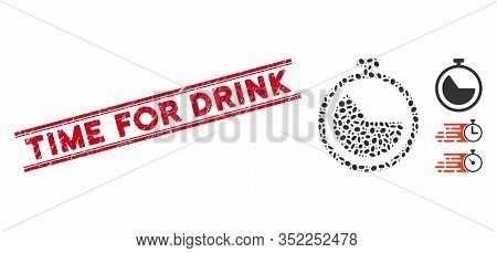 Grunge Red Stamp Seal With Time For Drink Text Inside Double Parallel Lines, And Mosaic Stopwatch Ic