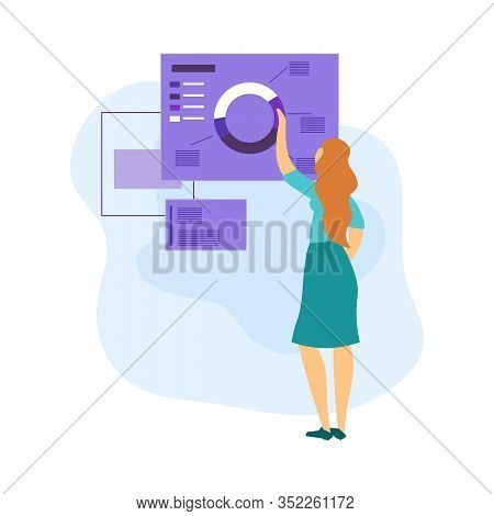 Woman Presents Project. Explore Chart. Analysis Graph. Woman Analyzes Information. Technology And De