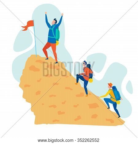 Mountaineering Hobby Flat Vector Illustration. Happy Climber Cartoon Character Standing On Mountain 