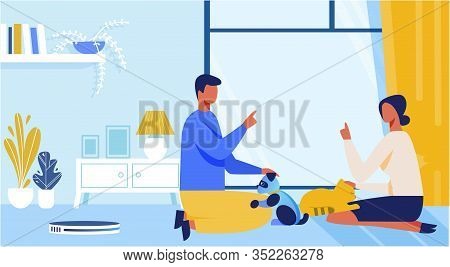 Cartoon Man And Woman Playing With Alive Or Artificial Cat. People Characters Talking, Disputing Abo