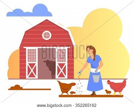 Young Woman In Working Robe Feeding Chicken. Farmer, Villager Character At Work. Girl Care Of Birds 