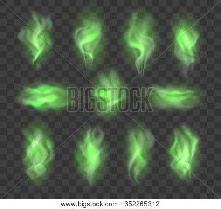 Stink Smoke. Green Chemical Smokes Effect Isolated On Transparent Background, Bad Smell Or Fart Gas,