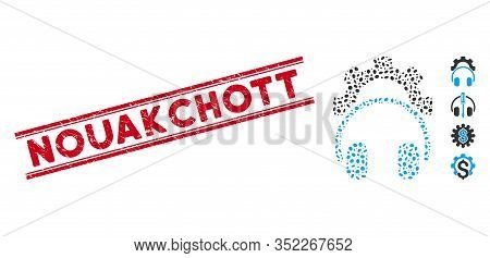 Grunge Red Stamp Watermark With Nouakchott Phrase Inside Double Parallel Lines, And Mosaic Headphone