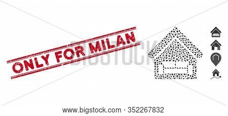 Corroded Red Stamp Seal With Only For Milan Phrase Inside Double Parallel Lines, And Mosaic House In