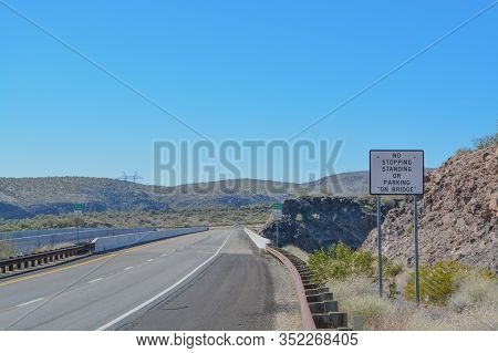 No Stopping Or Standing On The Burro Creek Bridge Sign. At Burro Creek, Mohave County, Sonoran Deser