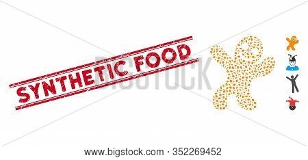 Distressed Red Stamp Watermark With Synthetic Food Phrase Between Double Parallel Lines, And Mosaic 