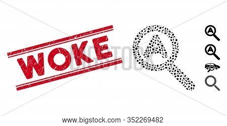 Distressed Red Stamp Seal With Woke Caption Between Double Parallel Lines, And Mosaic Zoom Auto Scal