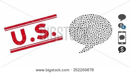 Distressed Red Stamp Seal With U.s. Text Inside Double Parallel Lines, And Mosaic Message Balloon Ic