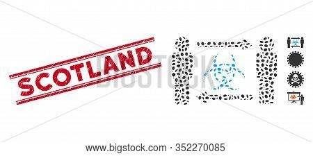 Corroded Red Stamp Seal With Scotland Phrase Inside Double Parallel Lines, And Mosaic Persons Infect