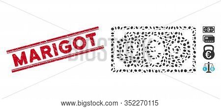 Distressed Red Stamp Watermark With Marigot Text Inside Double Parallel Lines, And Mosaic Euro Bankn
