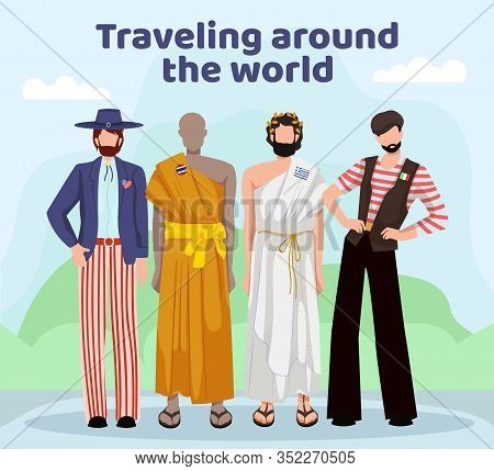 Men In National Clothing Different Countries. Vector Illustration. Traveling Different Country. Tour