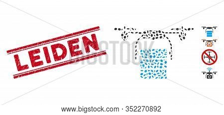 Grunge Red Stamp Seal With Leiden Caption Inside Double Parallel Lines, And Mosaic Cargo Drone Icon.