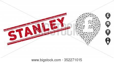 Distressed Red Stamp Watermark With Stanley Text Inside Double Parallel Lines, And Mosaic Pound Ster