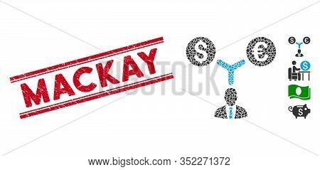 Corroded Red Stamp Seal With Mackay Caption Inside Double Parallel Lines, And Mosaic Currency Manage