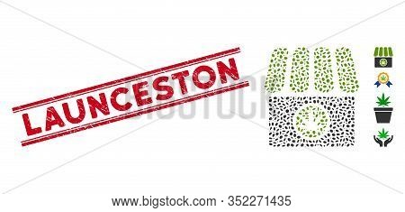 Grunge Red Stamp Seal With Launceston Phrase Between Double Parallel Lines, And Mosaic Cannabis Shop