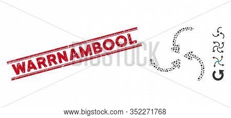 Corroded Red Stamp Seal With Warrnambool Text Inside Double Parallel Lines, And Mosaic Vortex Arrows