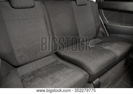 Novosibirsk, Russia - January 24, 2020:  Lada Priora, Rear Seat For Passengers In Black Textile, Ope