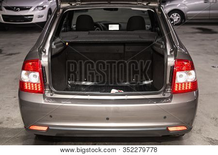 Novosibirsk, Russia - January 24, 2020:  Lada Priora, Rear View Of A Car With An Open Trunk