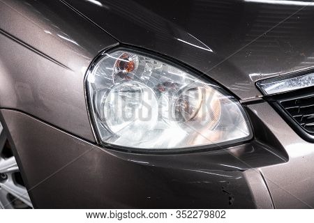 Novosibirsk, Russia - January 24, 2020:  Lada Priora,detail Light Close Up Of On New Car. Exterior D