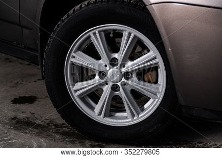 Novosibirsk, Russia - January 24, 2020:  Lada Priora, 
Close-up Car Wheel With Aluminum Alloy Wheel 