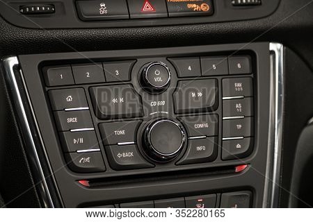 Novosibirsk, Russia - January 11, 2020:   Opel Mokka, Car Dashboard Audio In Fm-receiver, Cd, Volume