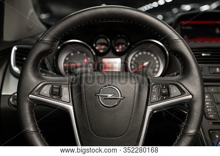 Novosibirsk, Russia - January 11, 2020:   Opel Mokka, Dashboard, Player, Steering Wheel With Logo An