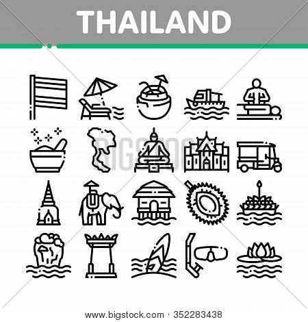 Thailand National Collection Icons Set Vector. Thailand On Geography Map And Flag, Bungalow And Buil