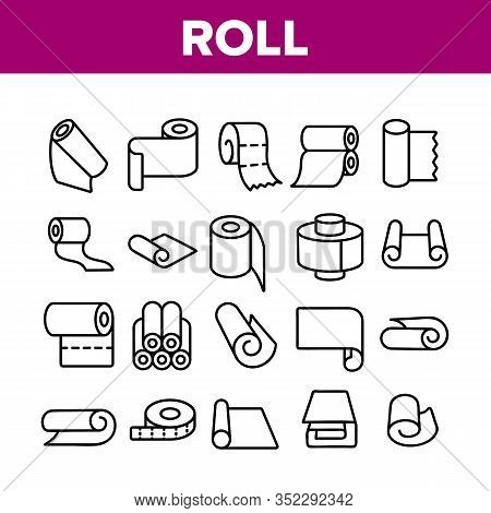 Roll And Reel Material Collection Icons Set Vector. Toilet Paper And Textile Roll, Towel And Carpet,