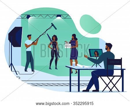 Movie Making Process Flat Vector Illustration. Director, Actress And Sound Engineer Cartoon Characte