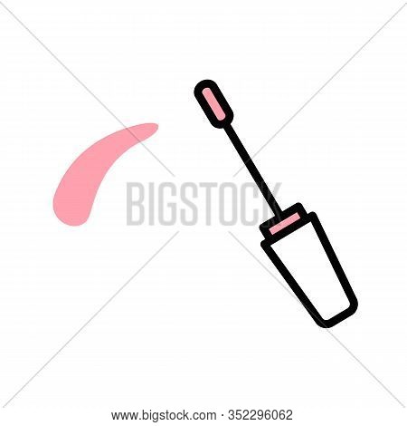 Vector Linear Lipgloss Brush Icon With Black Stroke, White And Pink Fill. Lipgloss Applicator Leaves