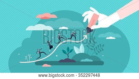Chart Line Concept, Flat Tiny Businessman Persons Vector Illustration. Abstract Company Progress Gro