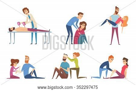 First Aid. Emergency Medical Helping To Damaged People Injury Victims Vector Characters. Emergency M