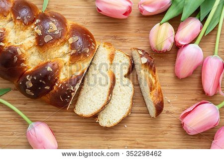 Easter Greek Tsoureki Braid, Sweet Bread Brioche On Wood