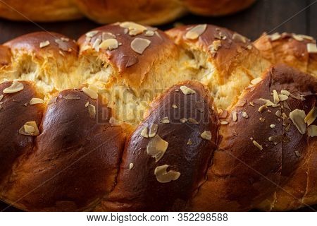 Easter Greek Tsoureki Braid, Sweet Bread Brioche Background