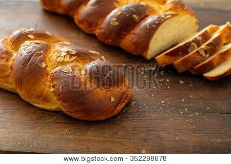 Easter Greek Tsoureki Braid, Sweet Bread Brioche On Wood
