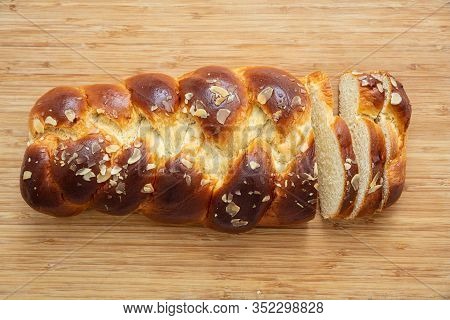 Easter Greek Tsoureki Braid, Sweet Bread Brioche On Wood
