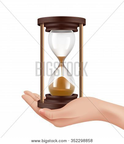 Sand Watches In Hand. Time Management Concept Realistic Hand And Historical Retro Clocks Vector Illu